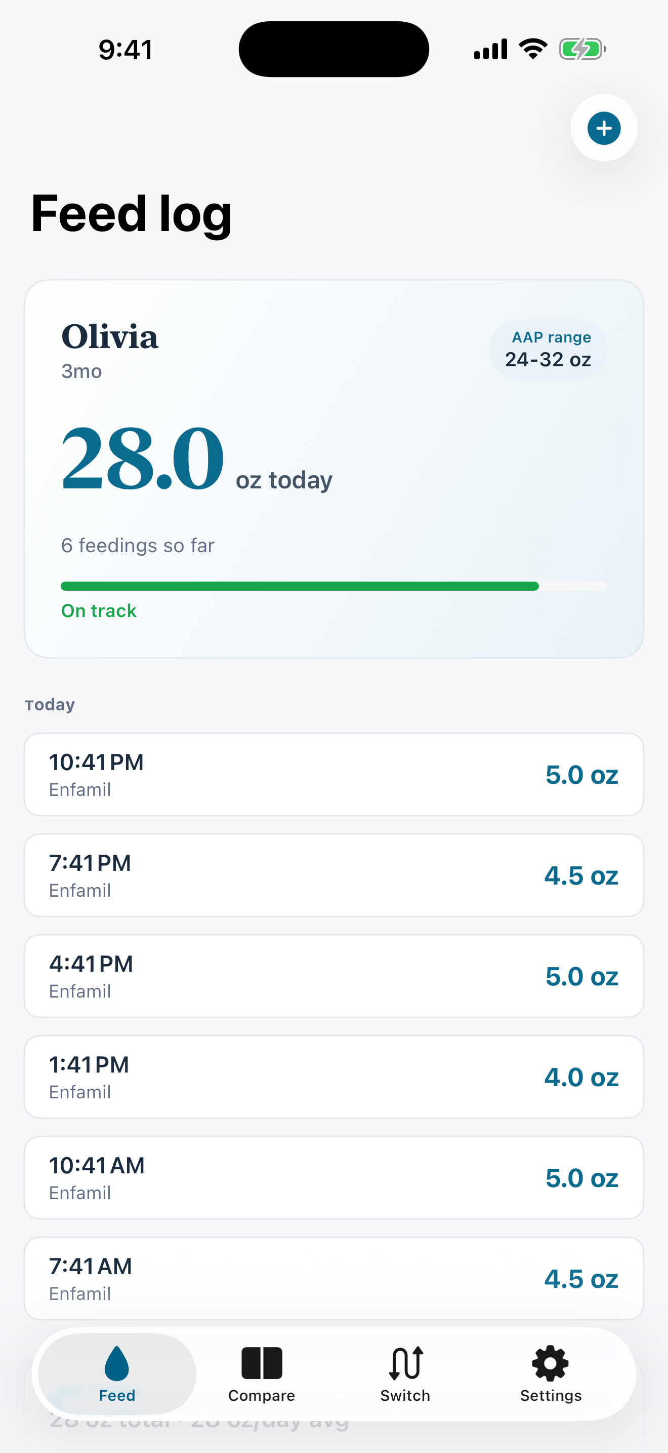 Baby Formula Tracker — feeding log screen
